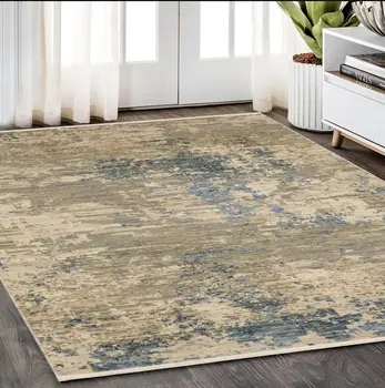 5' X 8' Beige And Blue Abstract Area Rug With Fringe