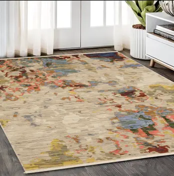 5' X 8' Beige Tan And Light Blue Abstract Area Rug With Fringe