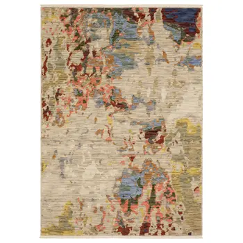 5' X 8' Beige Tan And Light Blue Abstract Area Rug With Fringe