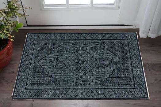 3' X 5' Blue And Teal Medallion Area Rug With Fringe