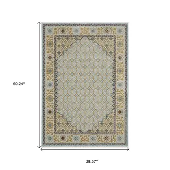 3' X 5' Blue And Gold Oriental Area Rug With Fringe