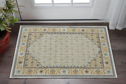 3' X 5' Blue And Gold Oriental Area Rug With Fringe