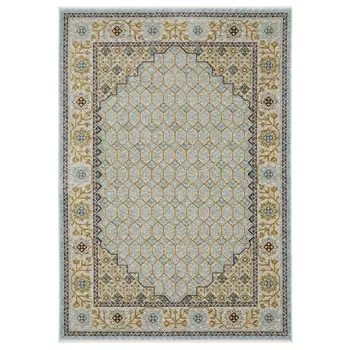 3' X 5' Blue And Gold Oriental Area Rug With Fringe