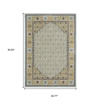 8' Blue And Gold Oriental Runner Rug With Fringe