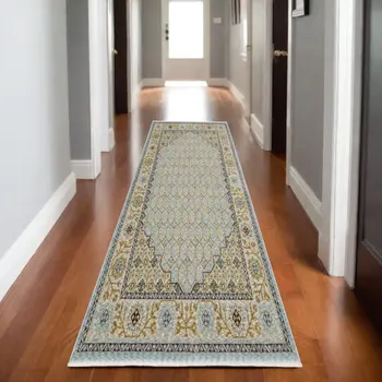 8' Blue And Gold Oriental Runner Rug With Fringe