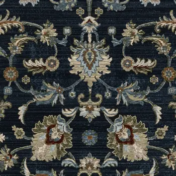 3' X 5' Navy Blue Tan And Teal Oriental Area Rug With Fringe
