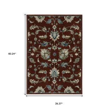 3' X 5' Red Teal And Green Oriental Area Rug With Fringe