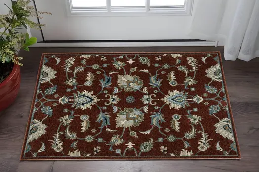 3' X 5' Red Teal And Green Oriental Area Rug With Fringe