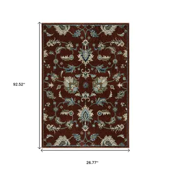 8' Red Teal And Green Oriental Runner Rug With Fringe