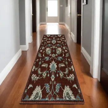 8' Red Teal And Green Oriental Runner Rug With Fringe