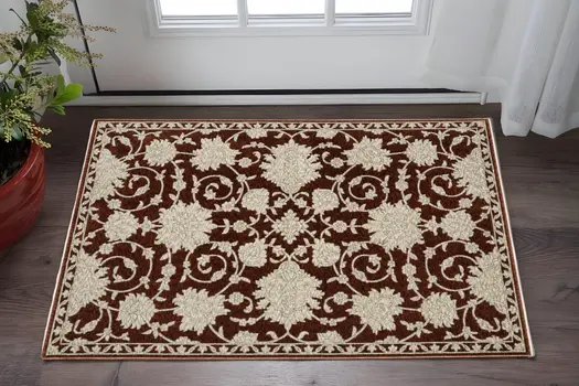 3' X 5' Red And Beige Floral Area Rug With Fringe