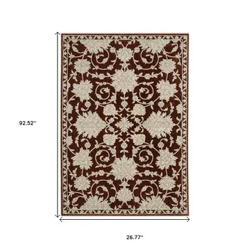 8' Red And Beige Floral Runner Rug With Fringe
