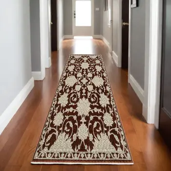 8' Red And Beige Floral Runner Rug With Fringe