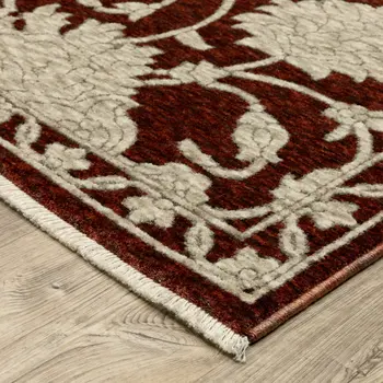 8' Red And Beige Floral Runner Rug With Fringe