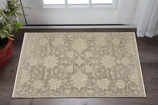 3' X 5' Gray And Beige Floral Area Rug With Fringe
