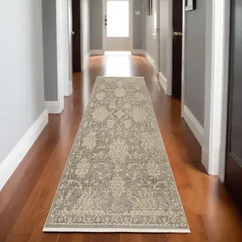 8' Gray And Beige Floral Runner Rug With Fringe