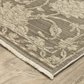 8' Gray And Beige Floral Runner Rug With Fringe