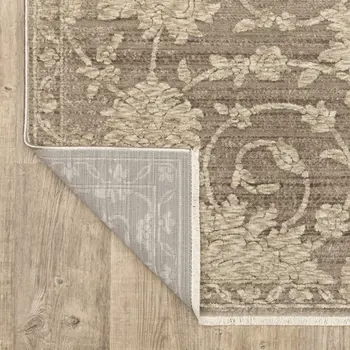 8' Gray And Beige Floral Runner Rug With Fringe