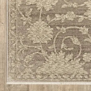 8' Gray And Beige Floral Runner Rug With Fringe