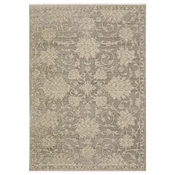 8' Gray And Beige Floral Runner Rug With Fringe
