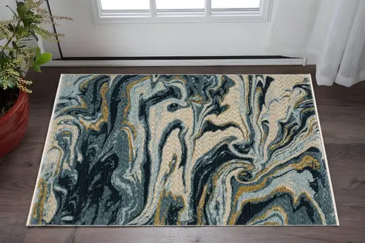 3' X 5' Navy Blue And Teal Abstract Area Rug With Fringe