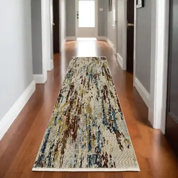 8' Beige Rust And Tan Abstract Runner Rug With Fringe