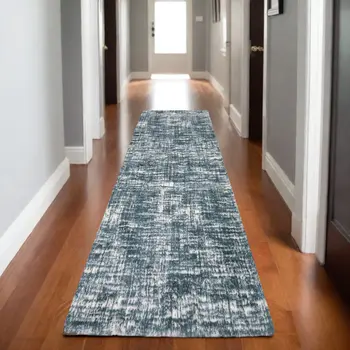 8' Teal And Ivory Geometric Runner Rug