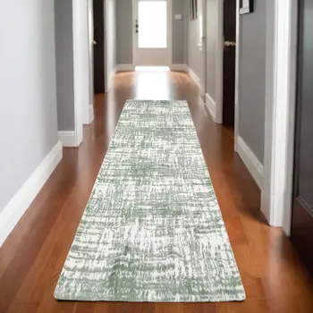 8' Green And Ivory Abstract Runner Rug