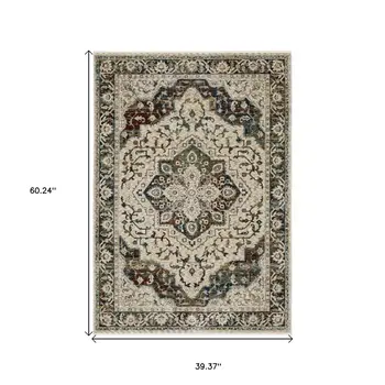 3' X 5' Beige Rust And Blue Medallion Area Rug With Fringe