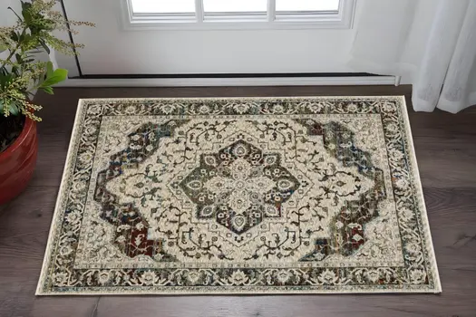 3' X 5' Beige Rust And Blue Medallion Area Rug With Fringe