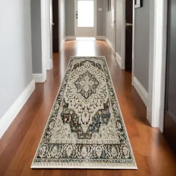 8' Beige Rust And Blue Medallion Runner Rug With Fringe