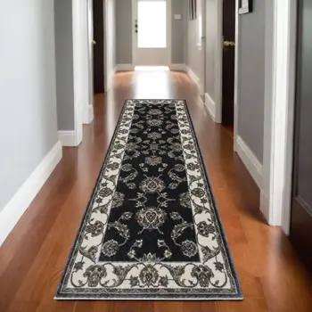 8' Ivory Oriental Runner Rug With Fringe