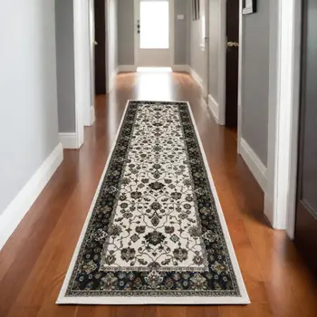 8' Ivory Oriental Runner Rug With Fringe