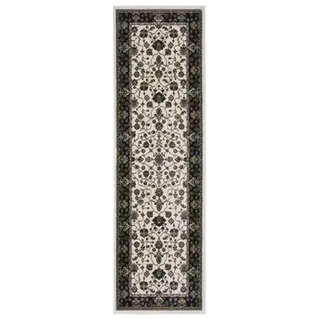 8' Ivory Oriental Runner Rug With Fringe