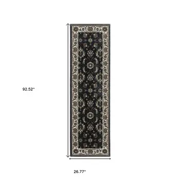 8' Blue And Ivory Oriental Runner Rug With Fringe