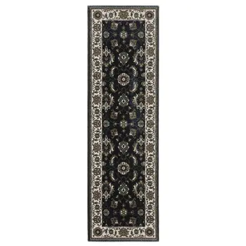 8' Blue And Ivory Oriental Runner Rug With Fringe