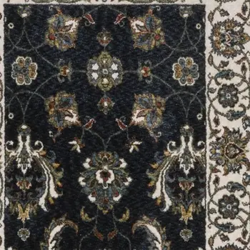 8' Blue And Ivory Oriental Runner Rug With Fringe