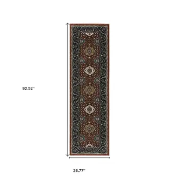 8' Red Medallion Runner Rug With Fringe