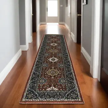 8' Red Medallion Runner Rug With Fringe