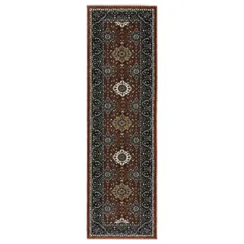 8' Red Medallion Runner Rug With Fringe
