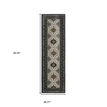 8' Ivory Medallion Runner Rug With Fringe