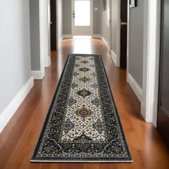 8' Ivory Medallion Runner Rug With Fringe