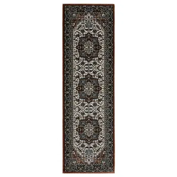 8' Red Black And White Medallion Runner Rug With Fringe