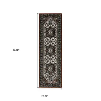 8' Red Black And White Medallion Runner Rug With Fringe