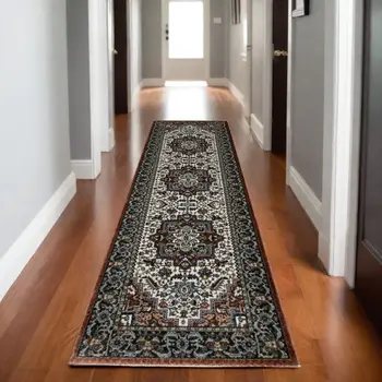 8' Red Black And White Medallion Runner Rug With Fringe