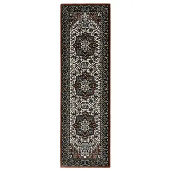 8' Red Black And White Medallion Runner Rug With Fringe