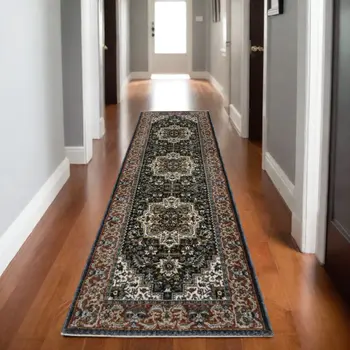 8' Navy Blue Black And White Medallion Runner Rug With Fringe