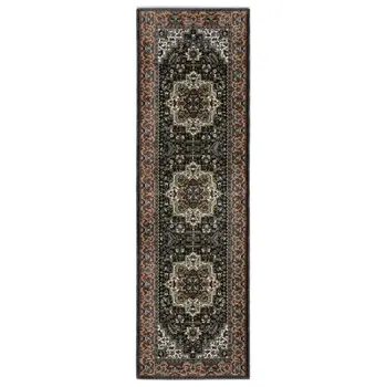 8' Navy Blue Black And White Medallion Runner Rug With Fringe