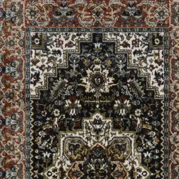 8' Navy Blue Black And White Medallion Runner Rug With Fringe