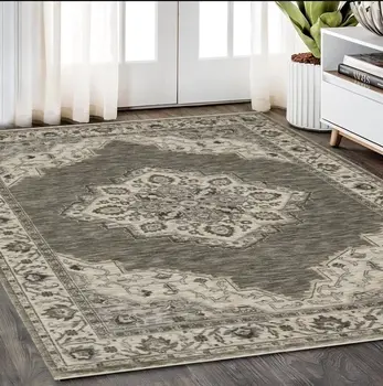 5' X 8' Gray And Beige Medallion Area Rug With Fringe
